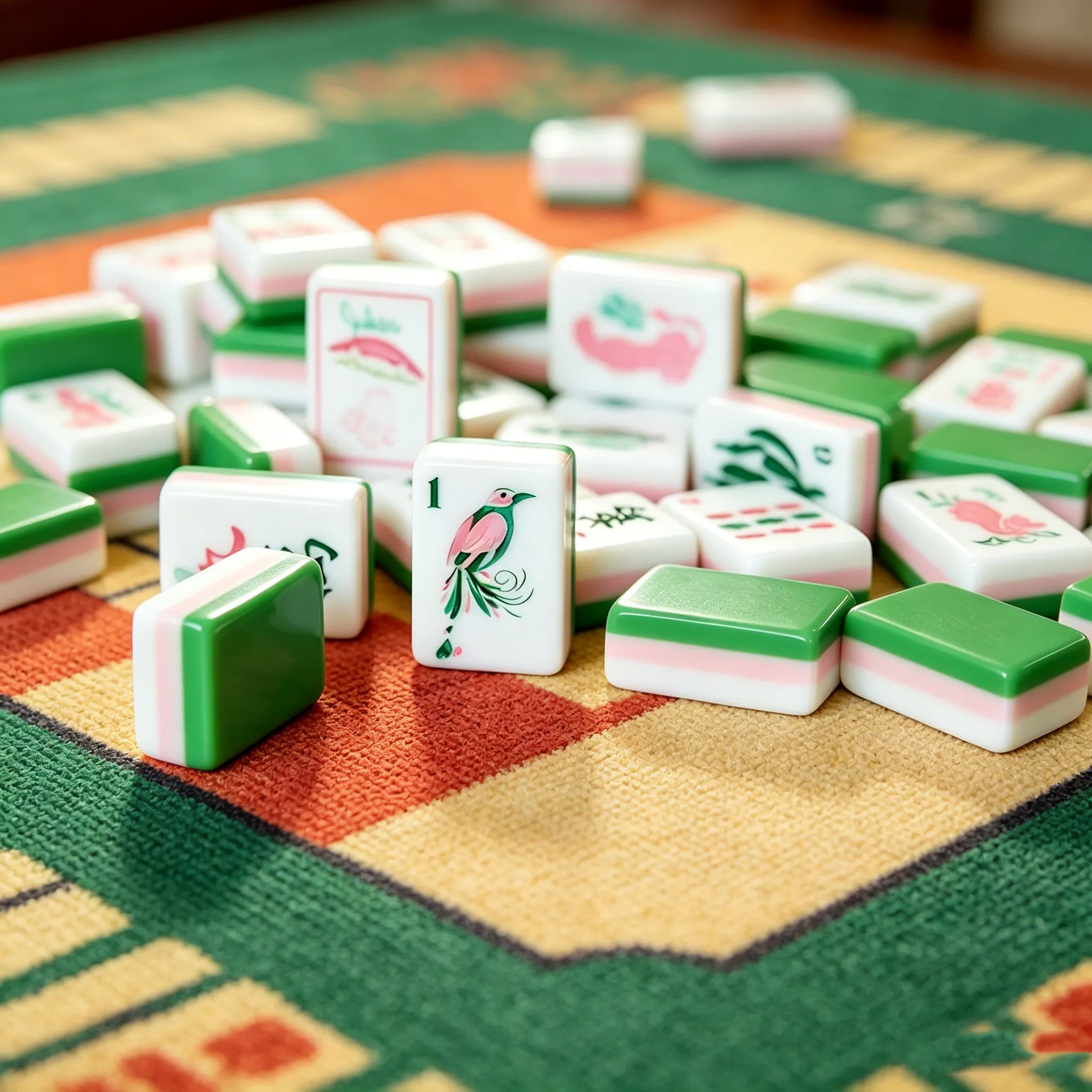 Green Three-Layer Acrylic Mahjong Tiles on Mahjong Mat