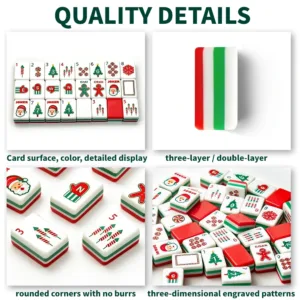 Quality details of Christmas acrylic Mahjong tiles including material, printing, design, and customization options.