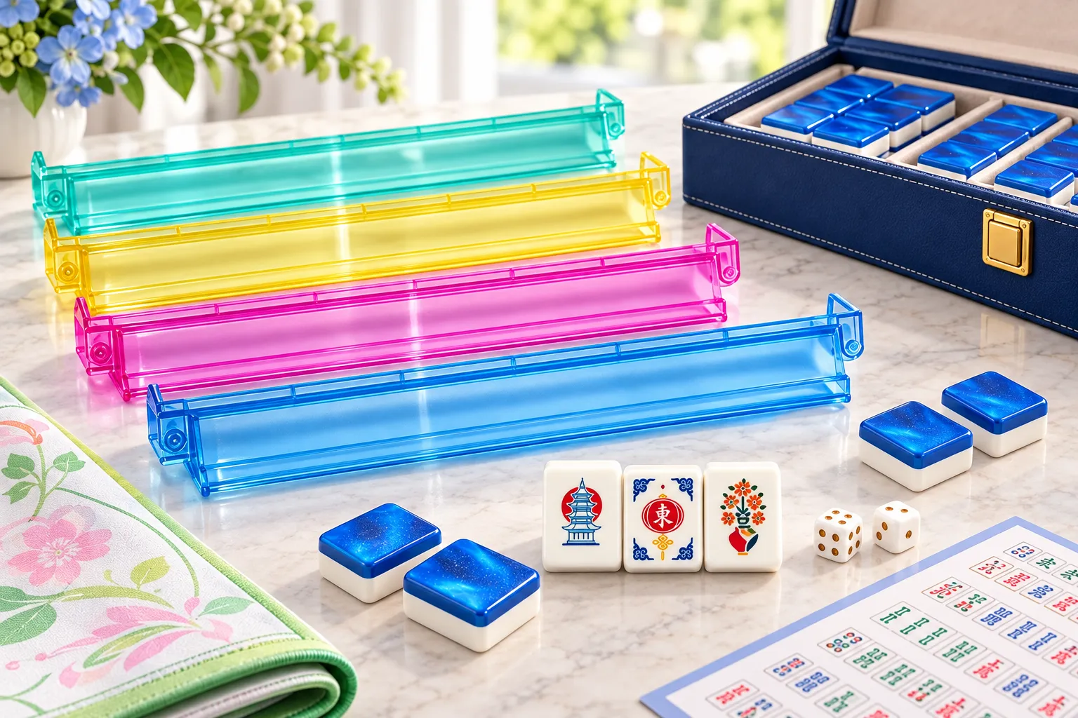 Mahjong accessories including racks pushers mats dice and storage for wholesale buyers