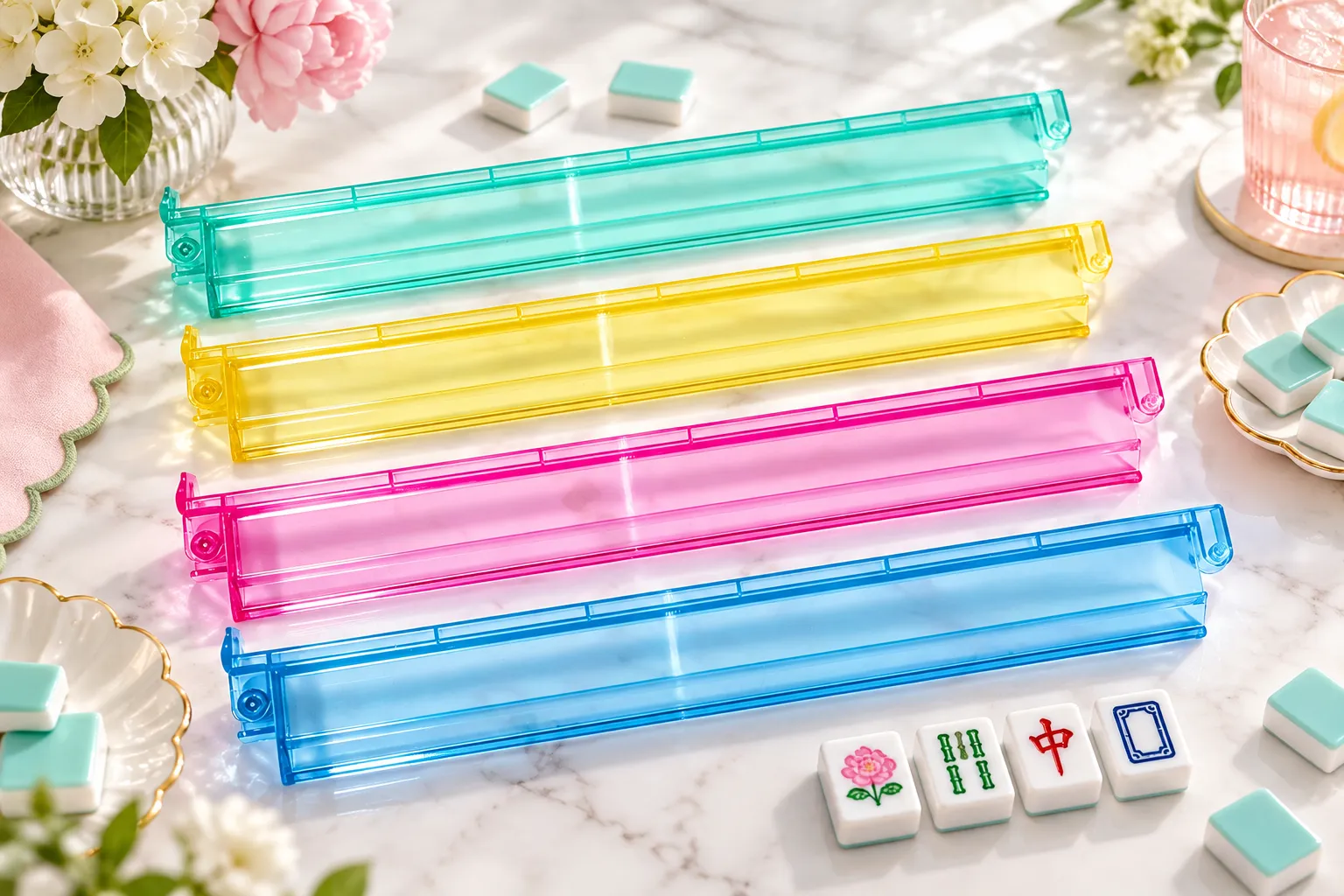 Mahjong rack with matching tiles and pushers for wholesale buyers